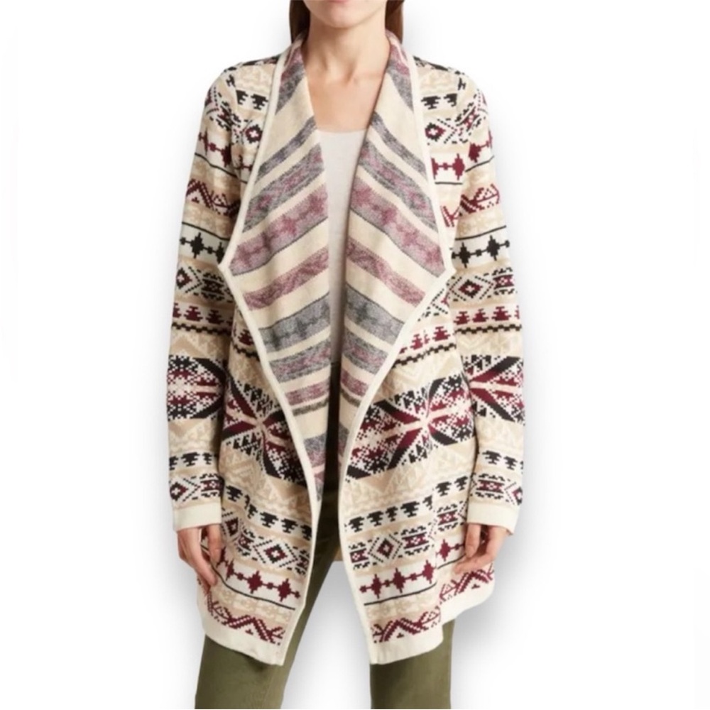 Lucky Brand Open Front Aztec Print Jacquard Cardigan Medium